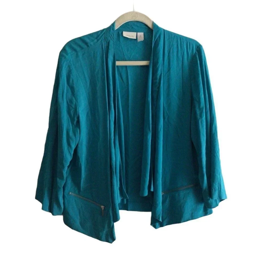 Chico's Women Sz 2 US L Blue Mixed Media Lightweight Open Drape Front Cardigan